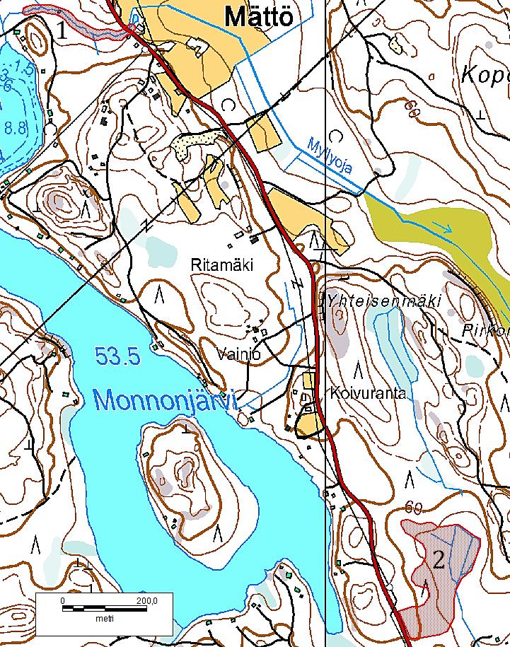 Kartta 1. Mätön luontokohteita: 1. puro ja 2.