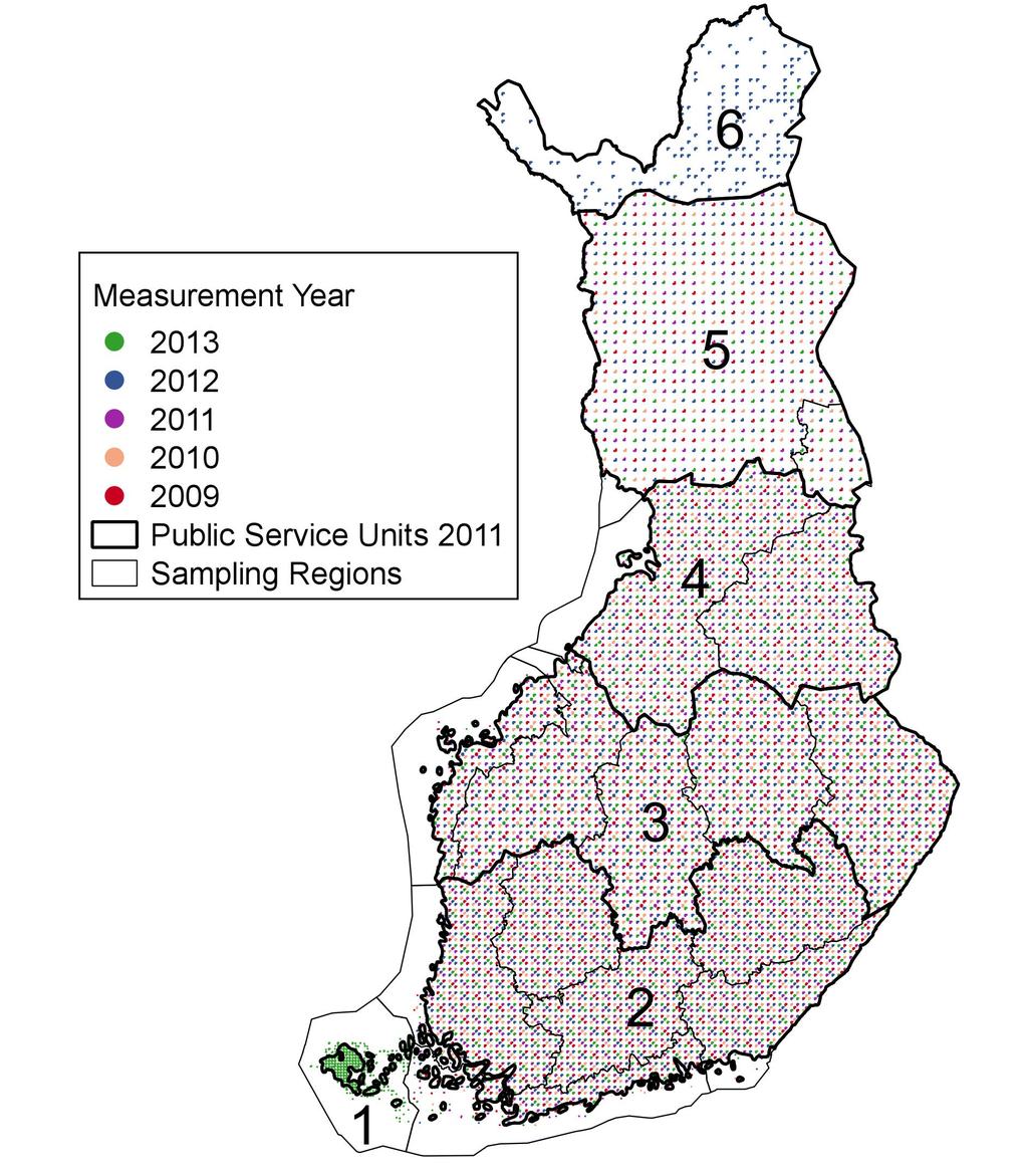Figure. : NFI layout of clusters and the six geographic regions with different sampling intensi es, NFI. Digital map data: Na onal Land Survey of Finland, licence No. MML/VIR/MYY//.