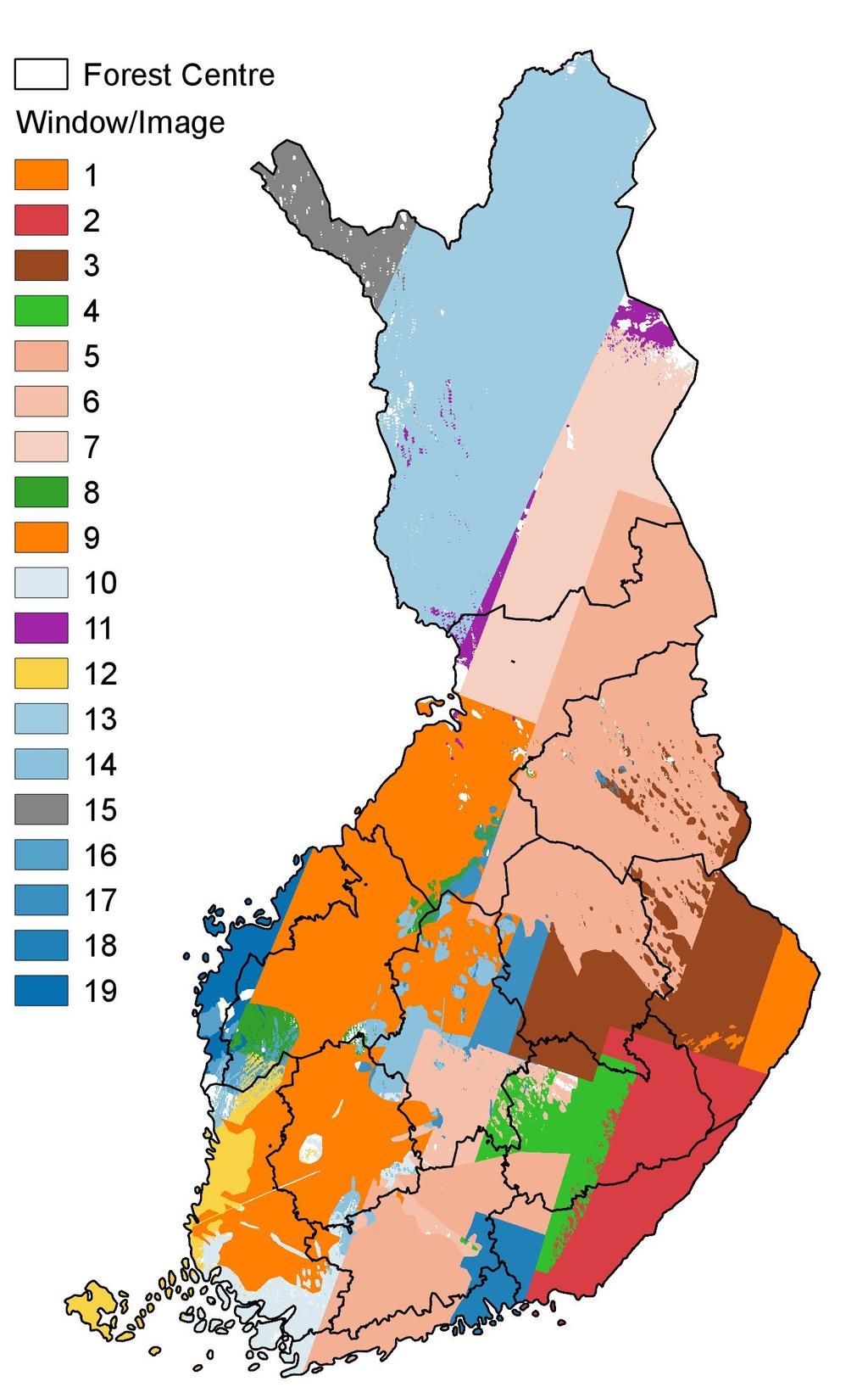 Figure. : The satellite image mosaic used to cover the Finland in MS-NFI- and MS-NFI-OA- and the boundaries of the s. Digital map data: Na onal Land Survey of Finland, licence No. MML/VIR/MYY//.