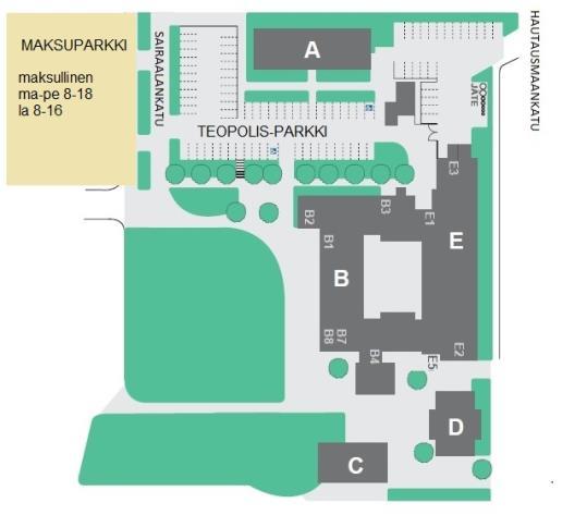 Kuva Teopoliksen kartta A = asuntola, B=hallinto, Päivä, vuokralaisia, C ja D = päiväkoti Touhula, E= ravintola-opisto-svnliikuntasali-auditorio-saunat+suihkut Jokavuotinen yli 10-vuotiaille