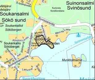 Suunnittelualueen likimääräinen sijainti Espoon opaskarttapohjalla esitettynä: Soukansalmi - Sökö sund, asemakaavan muutosehdotus, piirustusnumero 6860, käsittää osan korttelia 33146, 33.