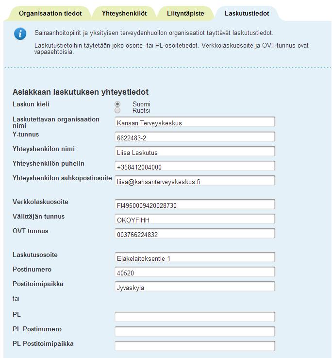 Laskutustiedot Asiakkaan laskutuksen yhteystiedot Terveydenhuollon