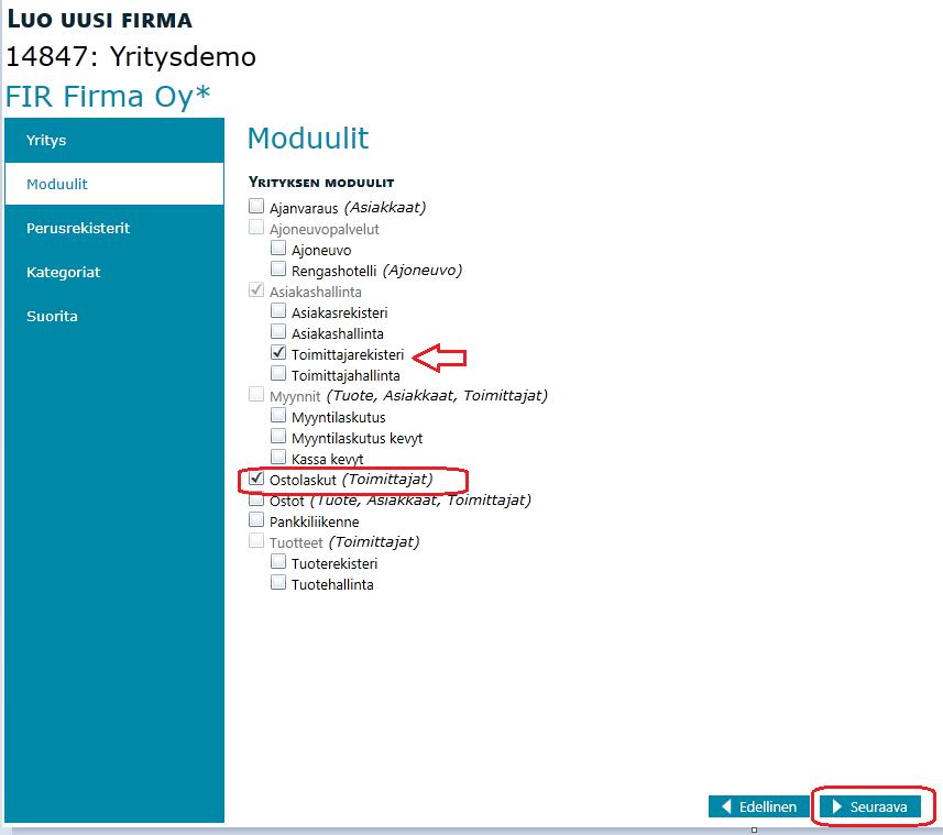 Valitse mitä moduuleita yritykselle tulee käyttöön.