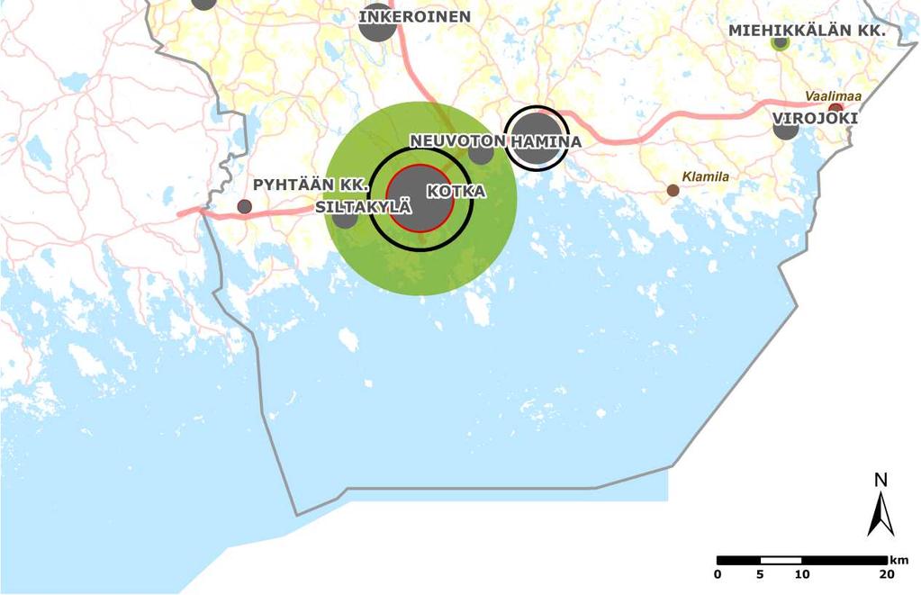 FCG SUUNNITTELU JA TEKNIIKKA OY 24 (34) TWIN CITY-vaihtoehdossa korostuu julkisten palvelujen palvelutason säilyttäminen sekä sen vaikutus yhdyskuntarakenteeseen.