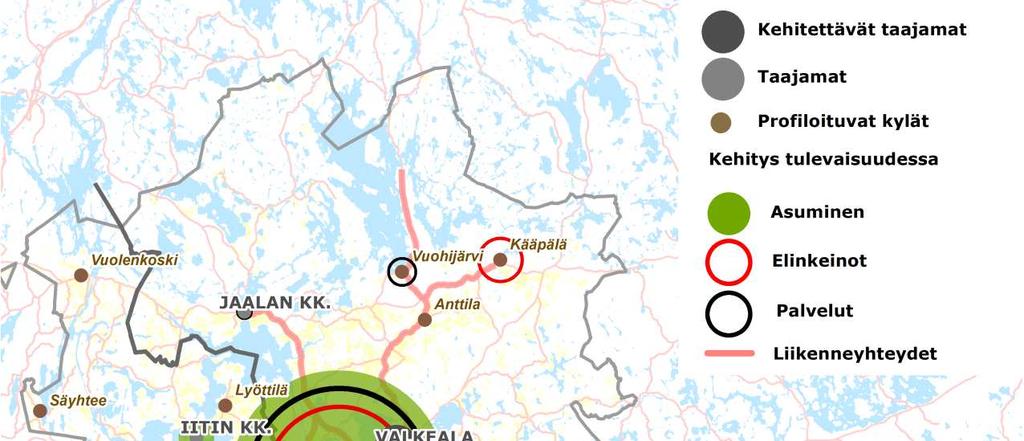 FCG SUUNNITTELU JA TEKNIIKKA OY 27 (34) Kehitettävät taajamat ovat Kotka, Hamina, Kouvola, Valkeala,