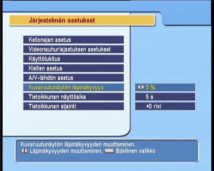 32 KUVIO 7. Topfield järjestelmän asetukset. Tilat ja muokattavat toiminnot samassa näytössä saattavat aiheuttaa käyttäjälle hämmennystä.