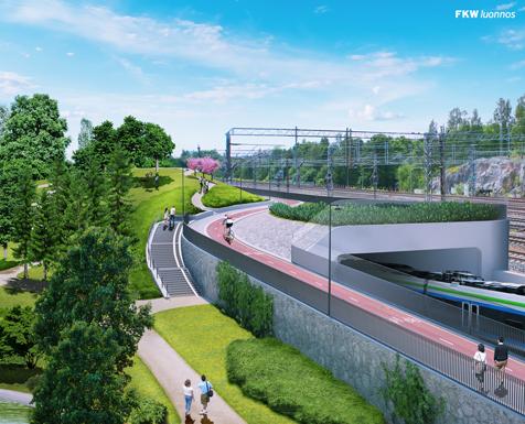 50 että tapahtumatuotantoa helpotettaisiin kiinteillä lavarakenteilla sekä paremmin sijoitetuilla sähkökeskuksilla. Havainnekuva tunnelin suuaukosta Alppipuiston kohdalla. (http://www.liikennevirasto.