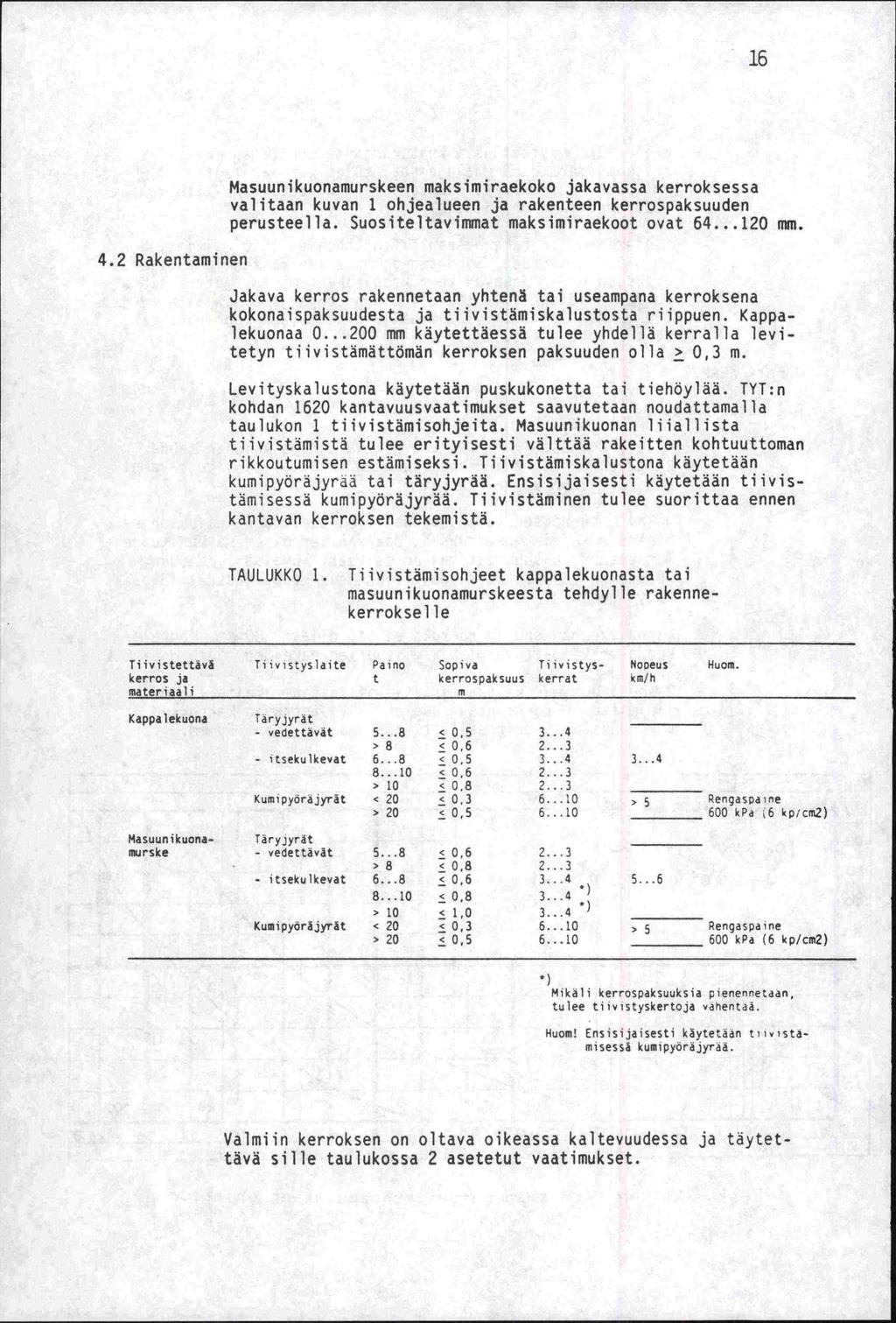 16 4.2 Rakentaminen Masuunikuonamurskeen maksimiraekoko jakavassa kerroksessa valitaan kuvan 1 ohjealueen ja rakenteen kerrospaksuuden perusteella. Suositeltavimmat maksimiraekoot ovat 64...120 mm.