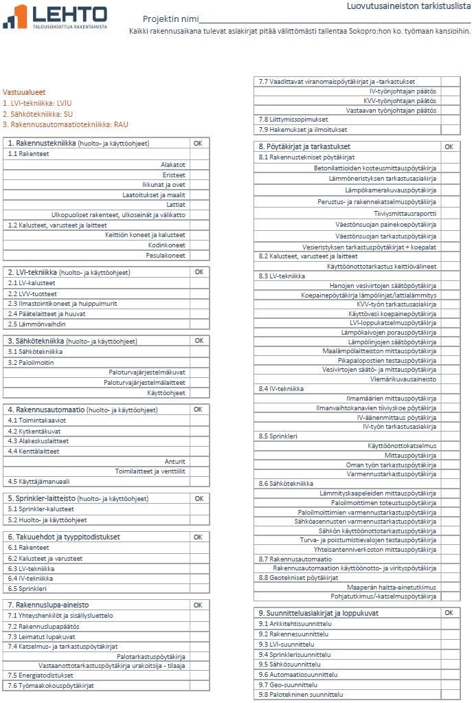 KUVA 6. Luovutusaineiston tarkistuslista (Rakennusliike Lehto 2017) 4.