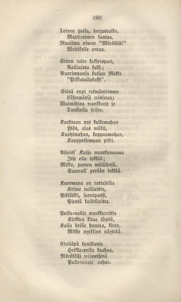 200 Toinen poika, harjastukka, Matti-nimen kantaa, Maailma nimen "Mörökölli" Weitiknlle antaa. Sitten tulee kaksoispari, Nalliaista kaksi; Nuorimpansa kutsuu Mikko "Pikkutallukaksi".