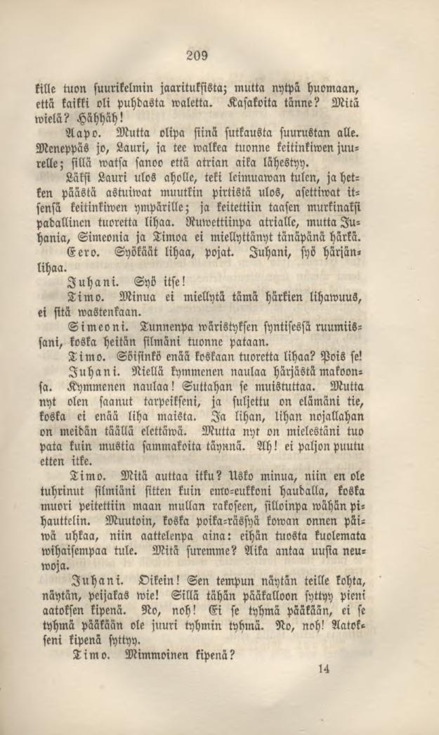 209 kille tuon suurikelmin jaarituksista; mutta nytpä huomaan, että kaikki oli puhdasta waletta. Kasakoita tänne? Mitä wielä? Hähhäh! Aapo. Mutta olipa siinä sutkausta suurustan alle.