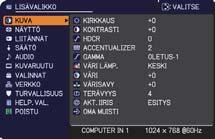 Kaikkia valikoita käytetään samalla tavalla. Silloin kun projektori näyttää mitä tahansa valikkoa, projektorin MENU-painike toimii kohdistinpainikkeena. Seuraavassa on kuvattu valikkojen peruskäyttö.