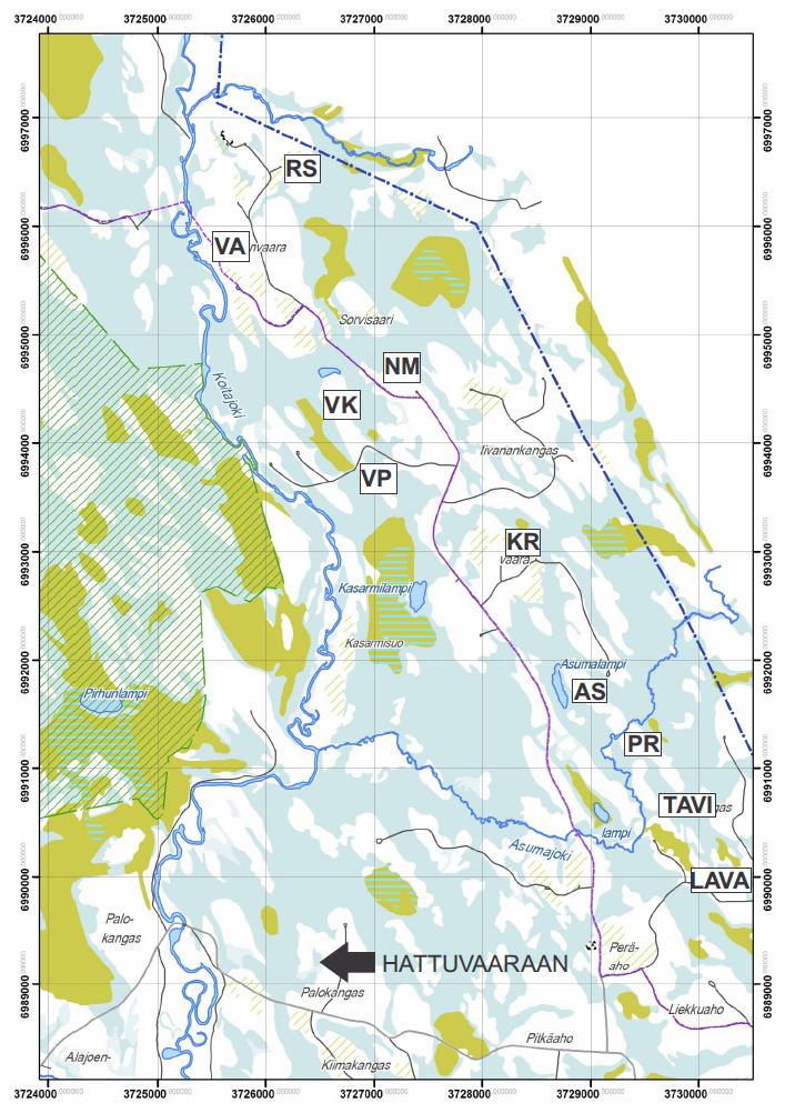 Koidanvaara, Ilomantsi: Mustan kiven tutkimukset 2011-2012 2 Pohjakartat: Maanmittauslaitos, lupa nro 13/MML/11 ja Logica Suomi Oy Kuva 1 Koidanvaaran tutkimusalueen sijainti ja kohteet.