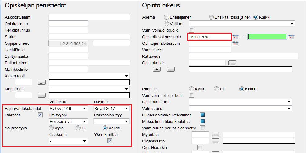 Esimerkki: Haetaan opiskelijoita, joilla on ensimmäisenä opiskeluvuonna 2016-2017 kirjattu poissaoloilmoittautuminen jommallekummalle