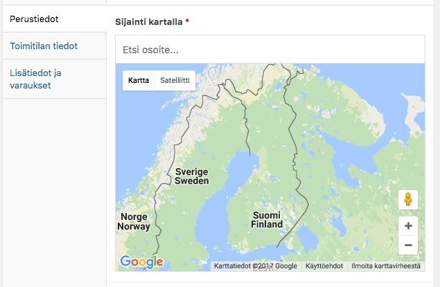 Yhdistysinfo.fi käyttöohjeet toimijalle 20 (24) Täytä tämän jälkeen perustiedot, toimitilan tiedot sekä lisätiedot ja varaukset. Perustiedot: Valitse sijainti joko kirjoittamalla toimitilan osoite.