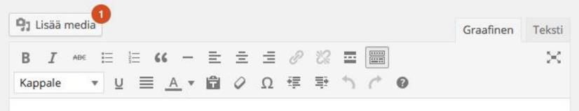 Yhdistysinfo.fi käyttöohjeet toimijalle 8 (24) 7.2. Kuvan lisääminen tekstiin Sisältöeditorissa ei ole painiketta kuvan lisäämiselle, vaan kuva lisätään painamalla (1) Lisää media -painiketta.