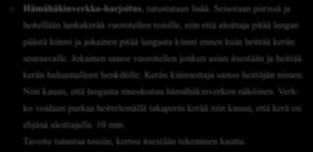 Seisotaan piirissä ja heitellään lankakerää vuorotellen toisille, niin että aloittaja pitää langan päästä kiinni ja jokainen pitää langasta kiinni ennen kuin