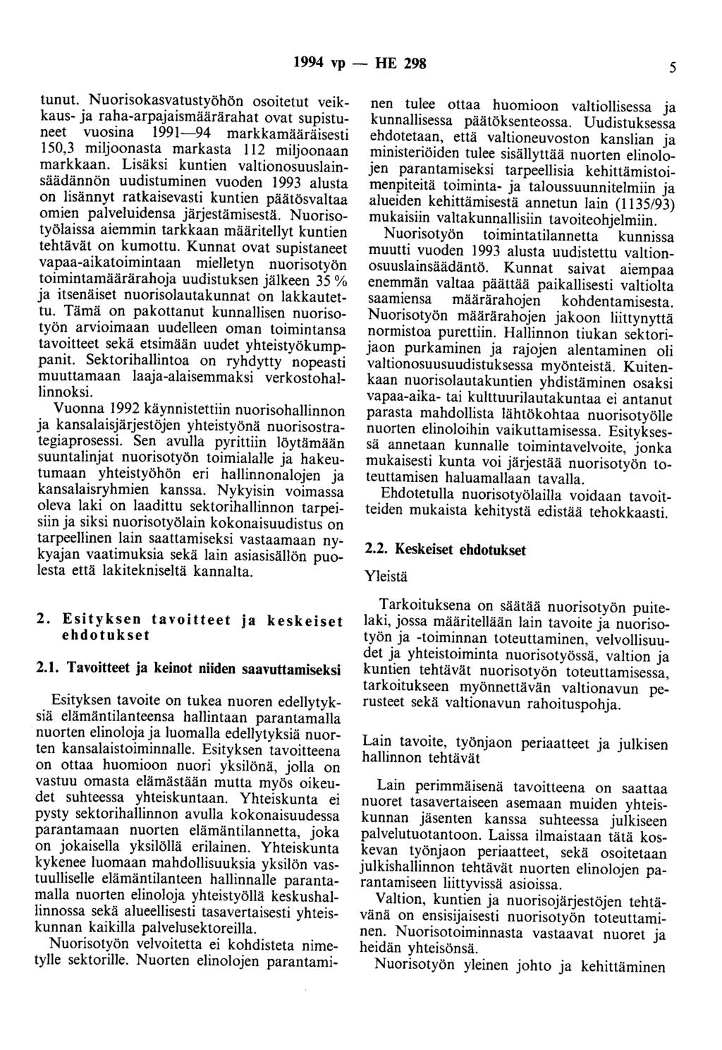 1994 vp - HE 298 5 tunut. Nuorisokasvatustyöhön osoitetut veikkaus- ja raha-arpajaismäärärahat ovat supistuneet vuosina 1991-94 markkamääräisesti 150,3 miljoonasta markasta 112 miljoonaan markkaan.