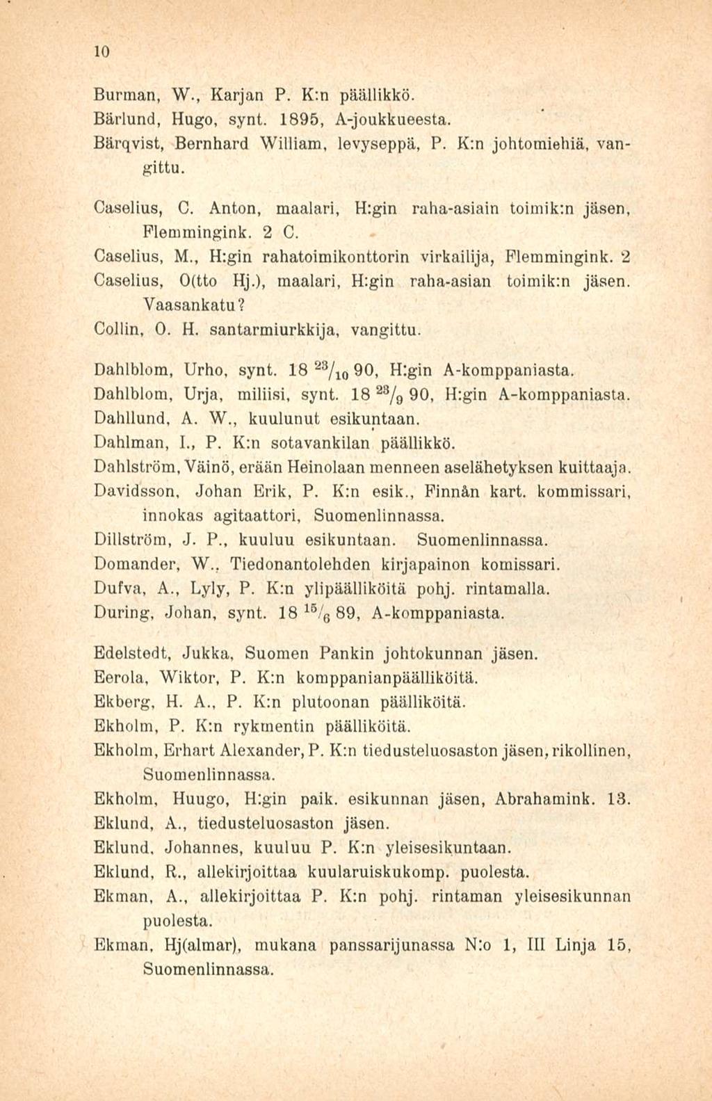10 johtomiehiä, van- Burman, W., Karjan P. K:n päällikkö. Bärlund, Hugo, synt. 1895, A-joukkueesta, Bärqvist, Bernhard William, levyseppä, P. K:n gittu. Caselius, G.