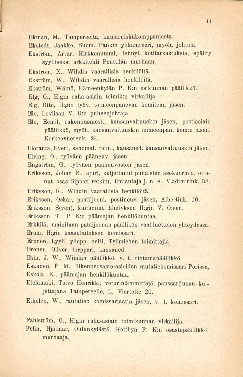 s Ekman, M., Tampereelta, kuularuiskukomppaniasta. Ekstedt, Jaakko, Suom. Pankin ylikamreeri, myöh. johtaja.