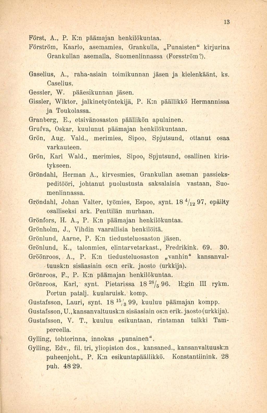 Pörst, A., P. K:n päämajan henkilökuntaa. Pörström, Kaarlo, asemamies, Grankulla, Punaisten kirjurina Grankullan asemalla, Suomenlinnassa (Forsström?). Gaselius, A.