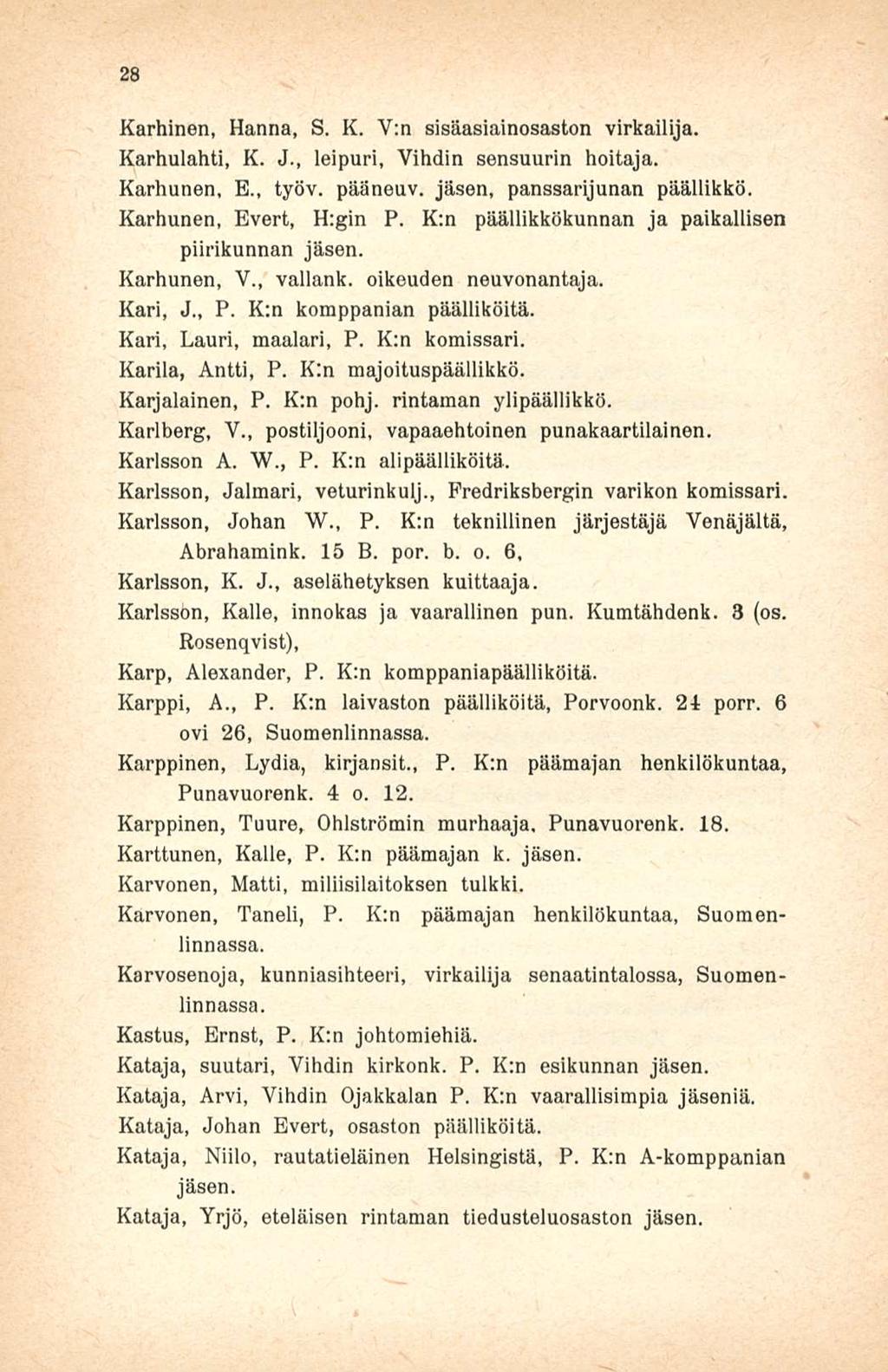 28 Karhinen, Hanna, S. K. V:n sisäasiainosaston virkailija. Karhulahti, K. J., leipuri, Vihdin sensuurin hoitaja. Karhunen, E., työv. pääneuv. jäsen, panssarijunan päällikkö. Karhunen, Evert, H:gin P.