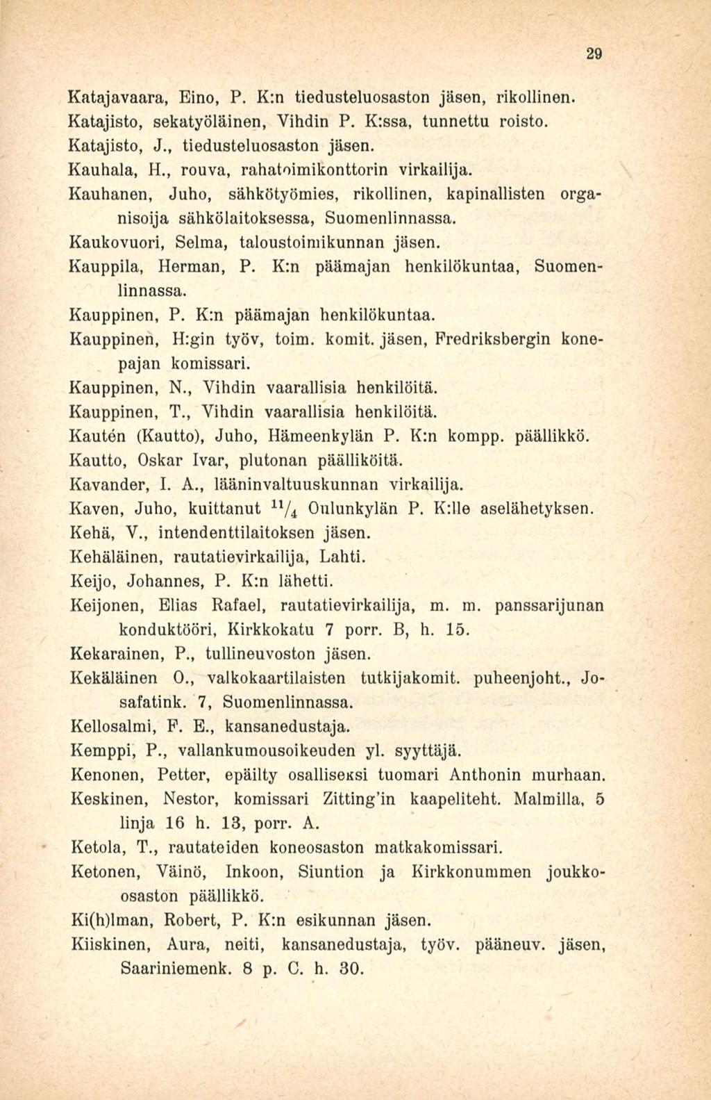 Katajavaara, Eino, P. K:n tiedusteluosaston jäsen, rikollinen. Katajisto, sekatyöläinen, Vihdin P. K:ssa, tunnettu roisto. Katajisto, J., tiedusteluosaston jäsen. Kauhala, H.