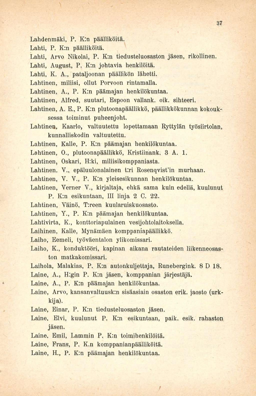 Lahdenmäki, P. K:n päälliköitä. Lahti, P. K:n päälliköitä. Lahti, Arvo Nikolai, P. K;n tiedusteluosaston jäsen, rikollinen. Lahti, August, P. K;n johtavia henkilöitä. Lahti, K. A., pataljoonan päällikön lähetti.
