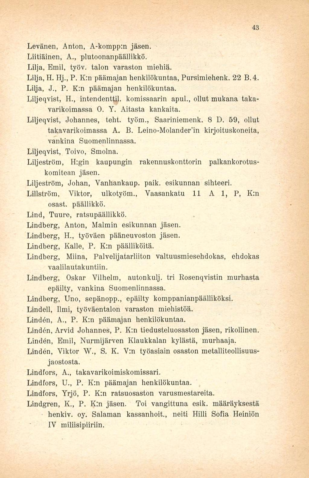 Levänen, Anton, A-kompp:n jäsen. Liitiäinen, A., plutoonanpäällikkö. Lilja, Emil, työv. talon varaston miehiä. Lilja, H. Hj., P. K:n päämajan henkilökuntaa, Pursimiehenk. 22 8.4. Lilja, J., P. K:n päämajan henkilökuntaa. Liljeqvist, H.