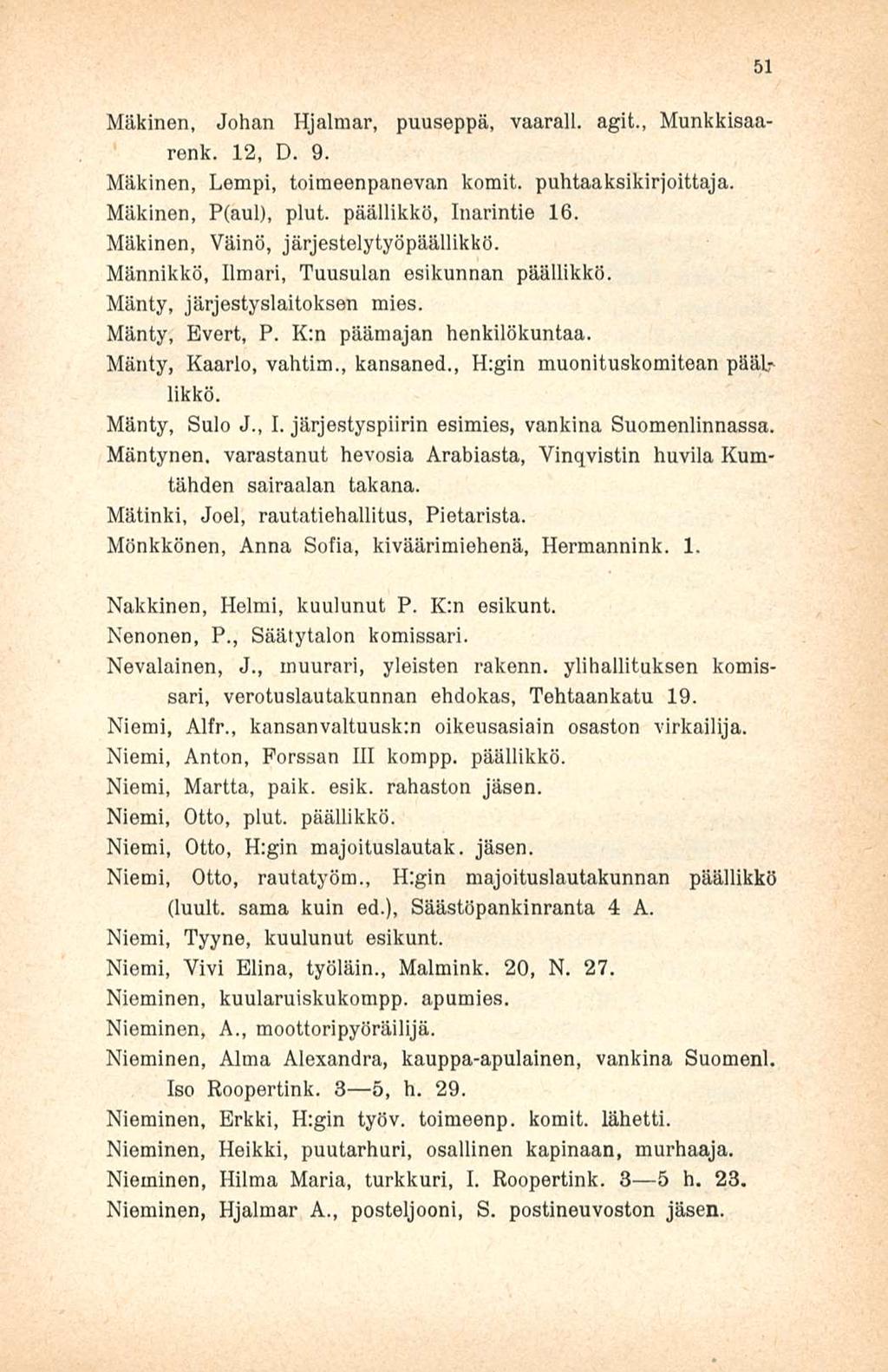 Mäkinen, Johan Hjalmar, puuseppä, vaarall. agit., Munkkisaarenk. 12, D. 9. Mäkinen, Lempi, toimeenpanevan komit, puhtaaksikirjoittaja. Mäkinen, P(aul), plut. päällikkö, Inarintie 16.