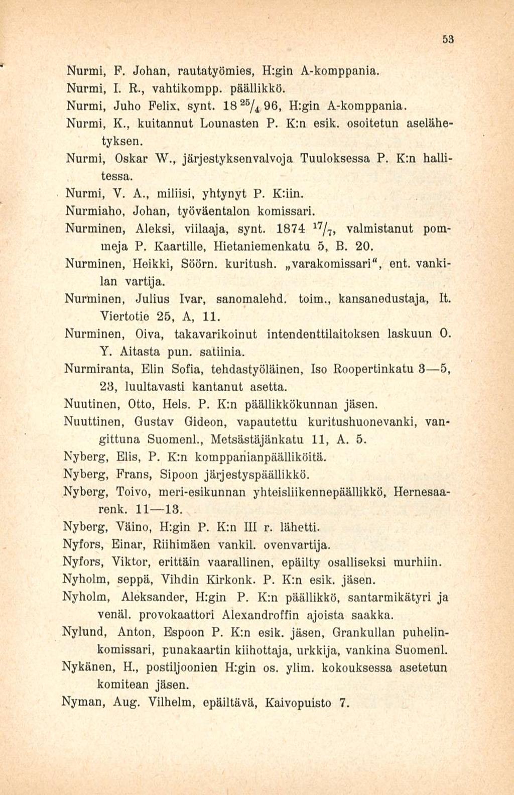 Nurmi, P. Johan, rautatyömies, H;gin A-komppania. Nurmi, I. R., vahtikompp. päällikkö. Nurmi, Juho Felix. synt. 18 25 / 4 96, H:gin A-komppania. Nurmi, K., kuitannut Lounasten P. K:n esik.