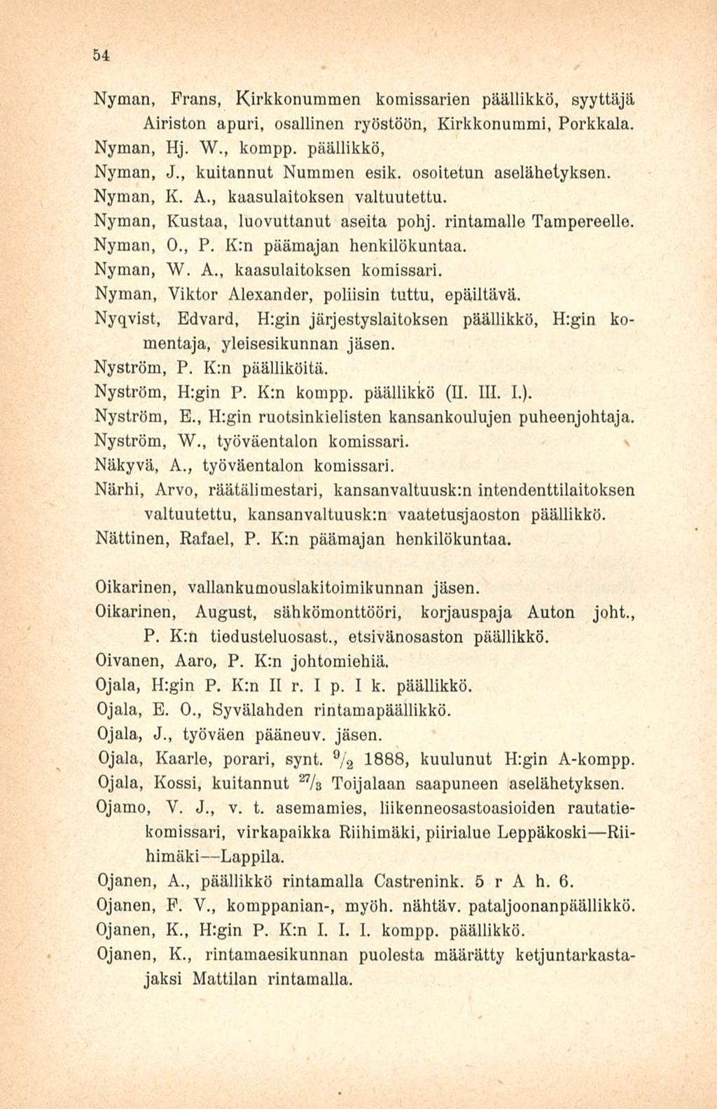 54 Nyman, Frans, Kirkkonummen komissarien päällikkö, syyttäjä Airiston apuri, osallinen ryöstöön, Kirkkonummi, Porkkala. Nyman, Hj. W., kompp. päällikkö, Nyman, J., kuitannut Nummen esik.