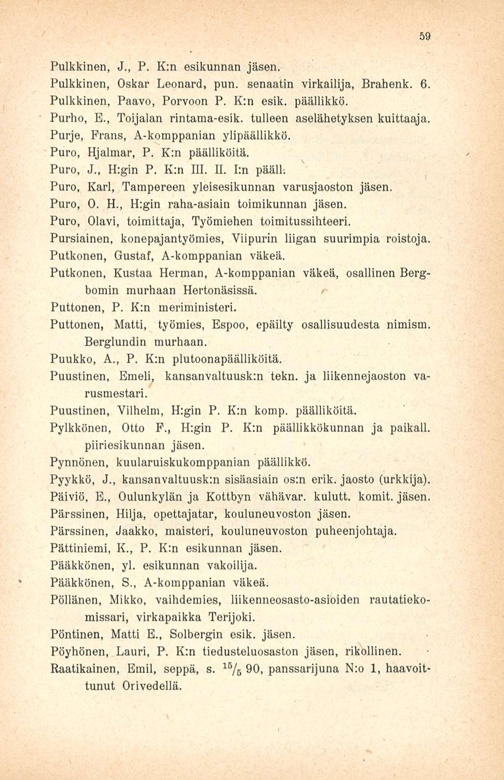 Pulkkinen, J., P. K:n esikunnan jäsen. Pulkkinen, Oskar Leonard, pun. senaatin virkailija, Brahenk. 6. Pulkkinen, Paavo, Porvoon P. K;n esik. päällikkö. Purho, E., Toijalan rintama-esik.