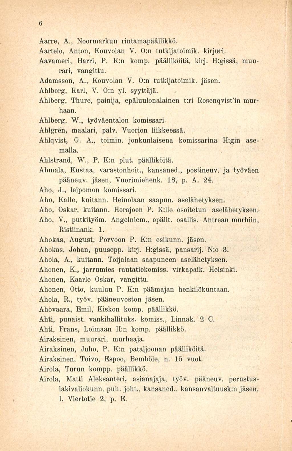 6 Aarre, A., Noormarkun rintamapäällikkö. Aartelo, Anton, Kouvolan V. 0:n tutkijatoimik. kirjuri. Aavameri, Harri, P. K:n komp. päälliköitä, kirj. H:gissä, muurari, vangittu. Adamsson, A., Kouvolan V. 0:n tutkijatoimik. jäsen.