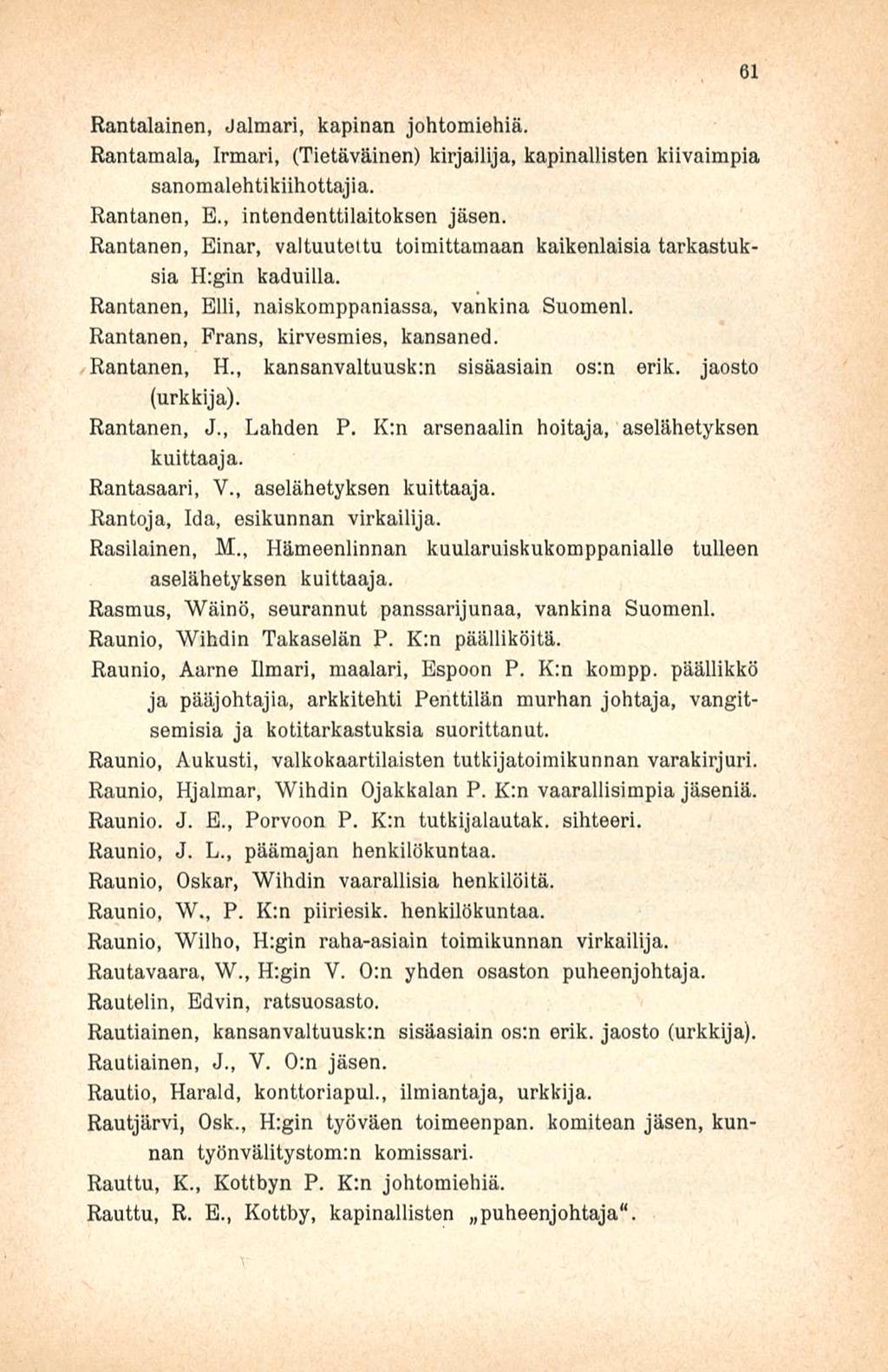 Rantalainen, Jalmari, kapinan johtomiehiä. Rantamala, Irmari, (Tietäväinen) kirjailija, kapinallisten kiivaimpia sanomalehtikiihottajia. Rantanen, 8., intendenttilaitoksen jäsen.