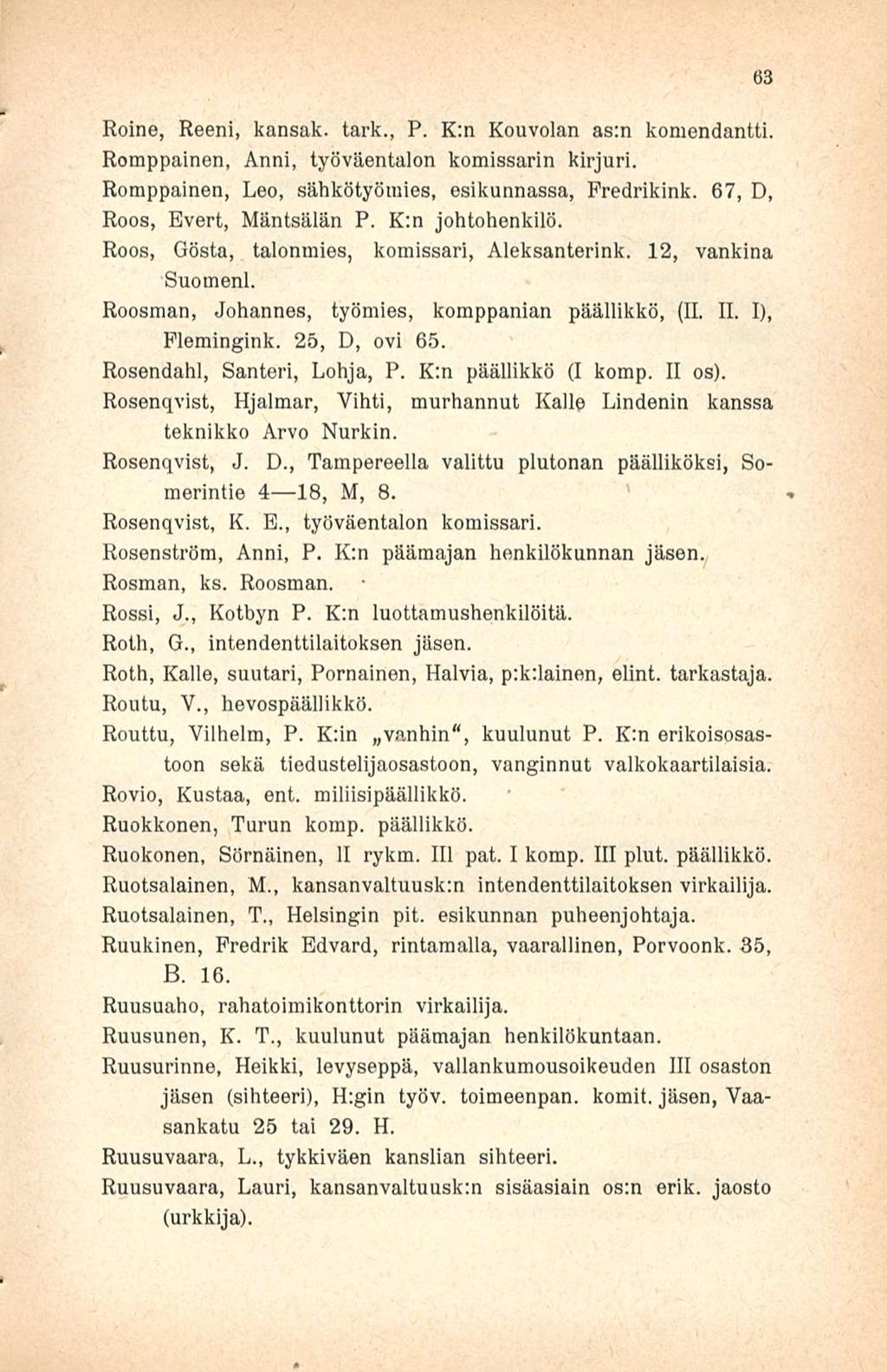 Roine, Reeni, kansak. tark., P. K:n Kouvolan as:n komendantti. Romppainen, Anni, työväentalon komissarin kirjuri. Romppainen, Leo, sähkötyömies, esikunnassa, Predrikink.