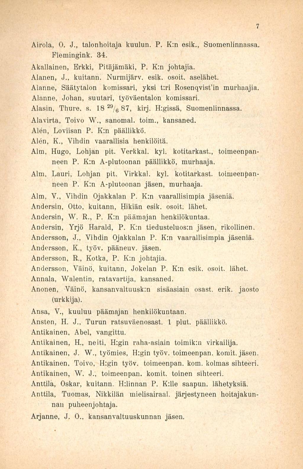 Airola, O. J., talonhoitaja kuulun. P. K:n esik., Suomenlinnassa Plemingink. 84. Akallainen, Erkki, Pitäjämäki, P. K:n johtajia. Alanen, J., kuitann. Nurmijärv. esik. osoit. aselähet.