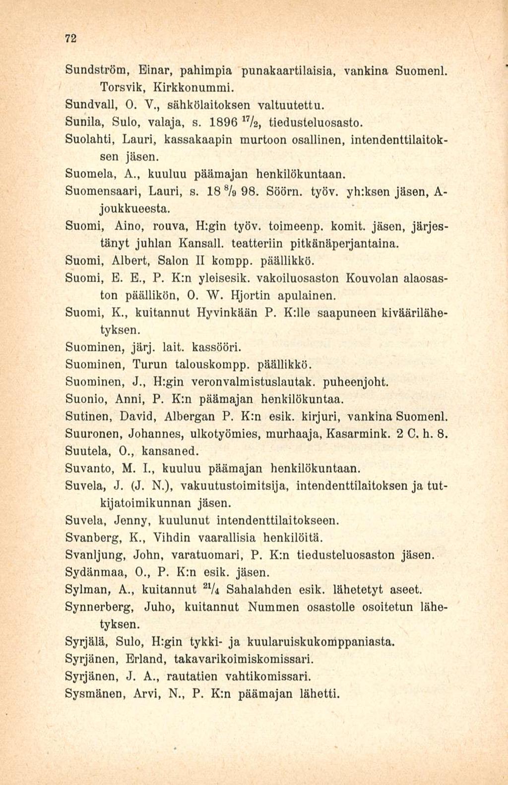 72 Sundström, Einar, pahimpia punakaartilaisia, vankina Suomeni Torsvik, Kirkkonummi. Sundvall, 0. V., sähkölaitoksen valtuutettu. Sunila, Sulo, valaja, s. 1896 17 /2, tiedusteluosasto.