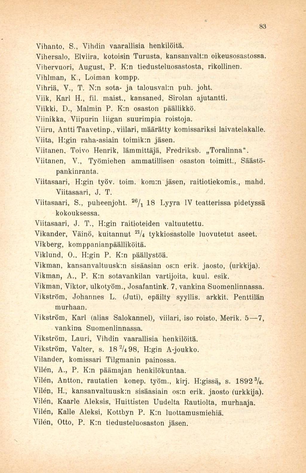 Vihanto, S., Vihdin vaarallisia henkilöitä. Vihersalo, Blviira, kotoisin Turusta, kansanvalta oikeusosastossa. Vihervuori, August, P. K:n tiedusteluosastosta, rikollinen. Vihlman, K, Loiman kompp.