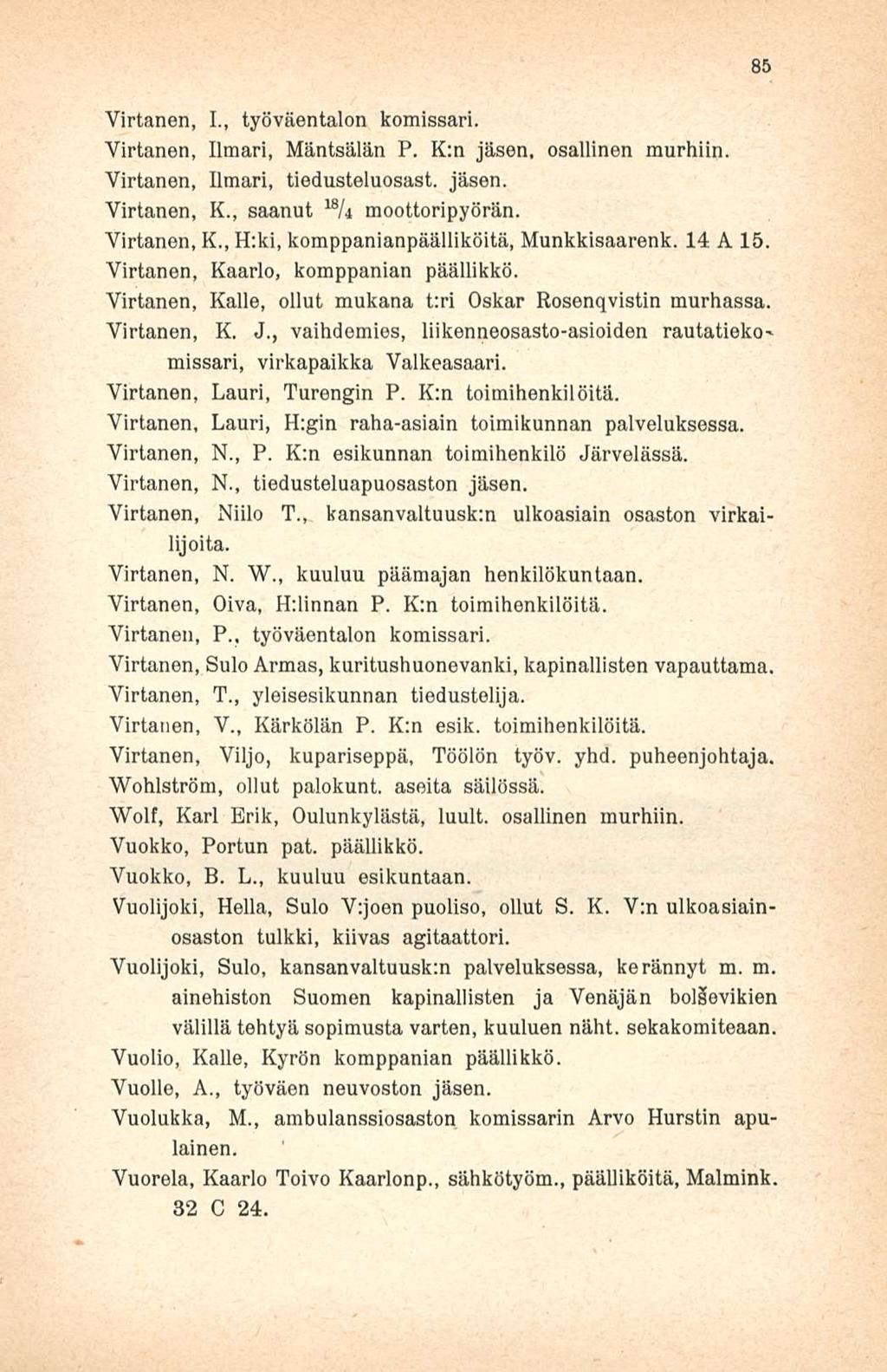 Virtanen, L, työväentalon komissari. Virtanen, Ilmari, Mäntsälän P. K:n jäsen, osallinen murhiin Virtanen, Ilmari, tiedusteluosast. jäsen. 18 Virtanen, K., saanut U moottoripyörän. Virtanen, K., H:ki, komppanianpäälliköitä, Munkkisaarenk.