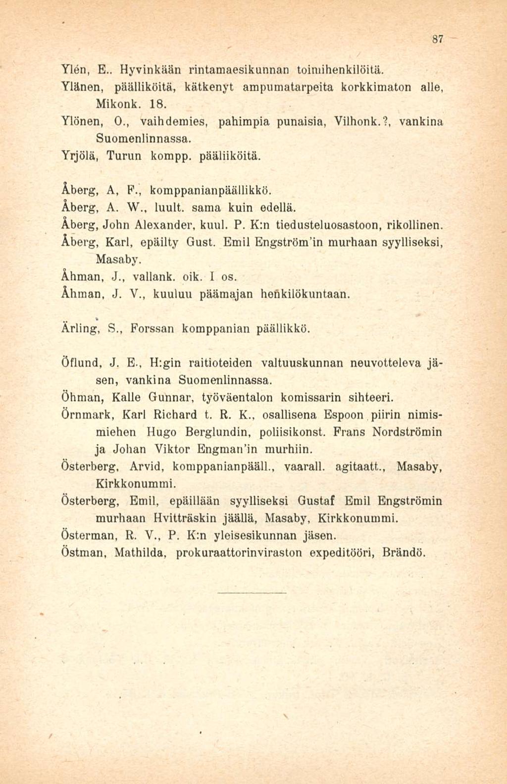 Ylen, E.. Hyvinkään rintamaesikunnan toimihenkilöitä. Ylänen, päälliköitä, kätkenyt ampumatarpeita korkkimaton alle, Mikonk. 18. Ylönen, 0., vaihdemies, pahimpia punaisia, Vilhonk.
