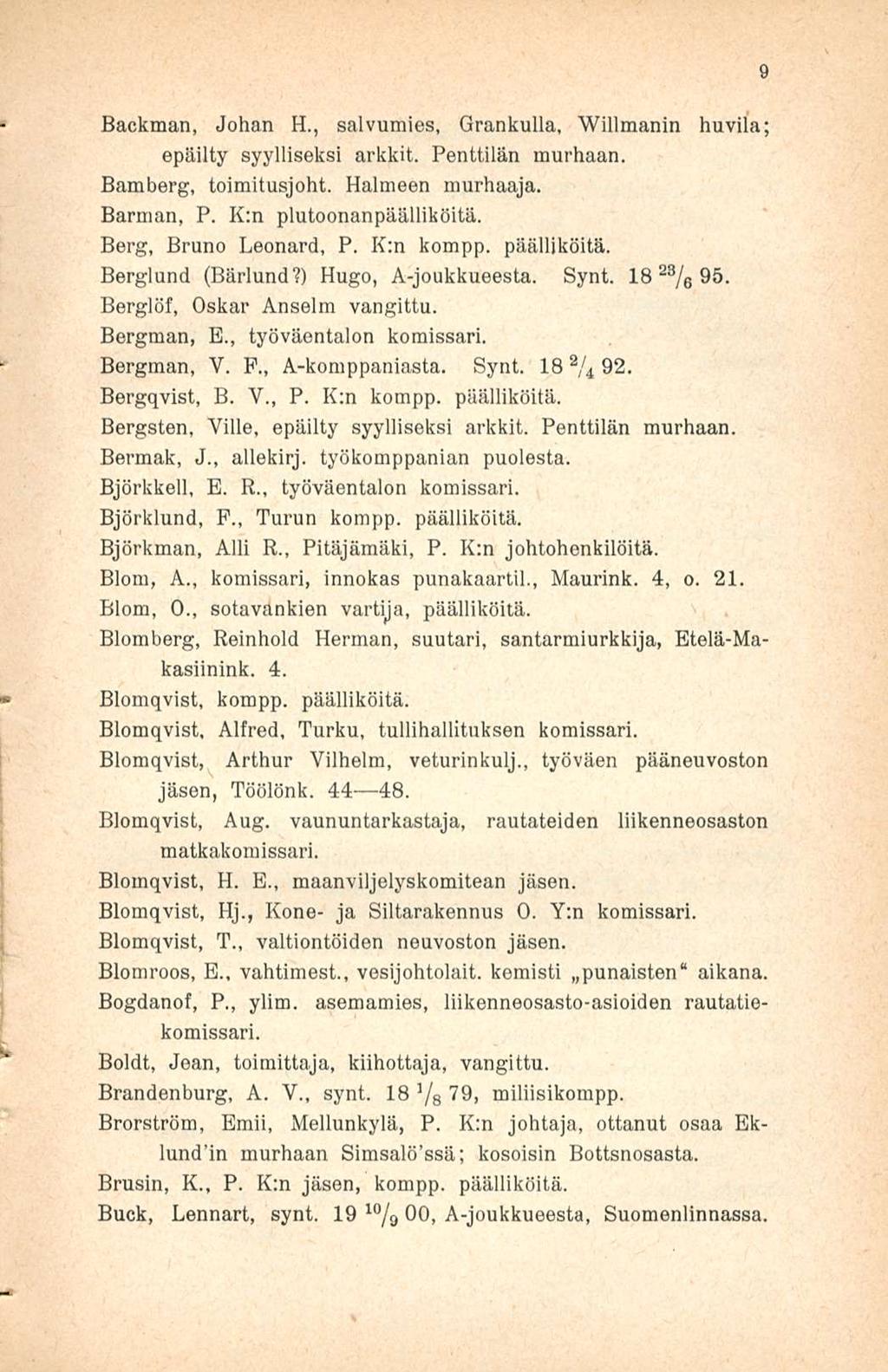 Backman, Johan H., salvumies, Grankulla, Willmanin huvila; epäilty syylliseksi arkkit. Penttilän murhaan. Bamberg, toimitusjoht. Halmeen murhaaja. Barman, P. K:n plutoonanpäälliköitä.