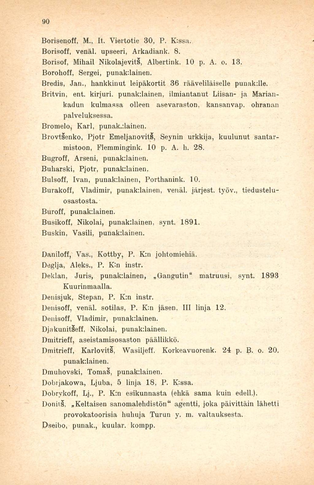90 Borisenoff, M., It. Viertotie 30, P. K;ss;i. Borisoff, venäl. upseeri, Arkadiank. 8, Borisof, Mihail NikolajevitS, Albertink. 10 p. A, o. 13. Borohoff, Sergei, punakdainen. Bredis, Jan.