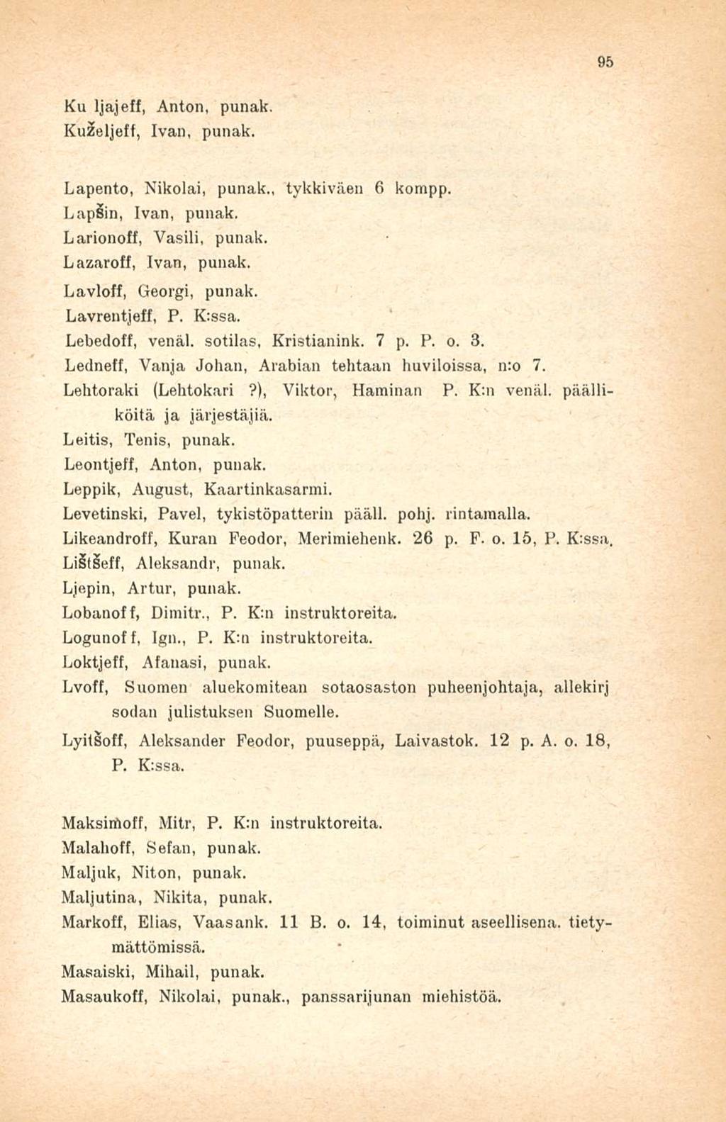 95 Ku Ijajeff, Anton, punak. Ku2eljeff, Ivan, punak. Lapento, Nikolai, punak., tykkiväen 6 kompp. LapSin, Ivan, punak. Larionoff, Vasili, punak. Lazaroff, Ivan, punak. Lavloff, Georgi, punak.