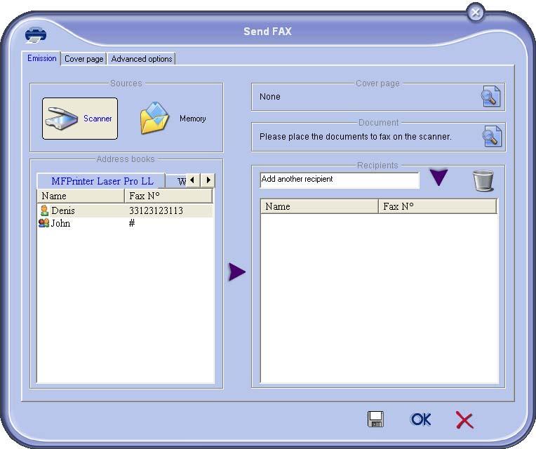 2 Valitse NEW ja sitten FAX. 3 Valitse SCANNER, jos dokumentti on paperiasiakirja, tai MEMORY, jos dokumentti on tietokoneen kiintolevyllä sijaitseva tiedosto (tiedostomuodon on oltava TIFF tai FAX).