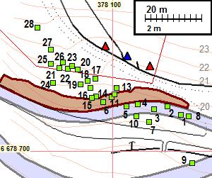 Koekuopat Kk. nro N E Z Löydöt, havainnot 1 6678712,8 378124,3 25.6 2 6678715,8 378119,5 24.7 3 6678714,7 378114,8 23.2 4 6678716,4 378109,0 23.7 5 6678715,7 378105,1 22.5 6 6678717,2 378096,7 23.