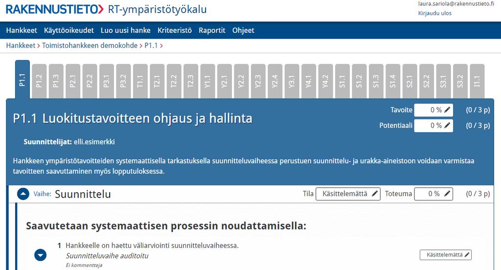Kuva 2Kriteerin valinta, klikataan yksittäisen kriteerin nimeä 3.1.