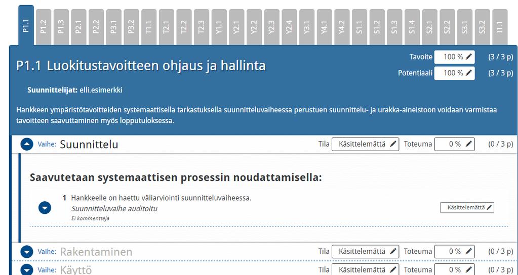 Kuva 6 Rakentamisvaiheen ja käyttövaiheen tiedot täytetään, kun vaihe on ajankohtainen 3.
