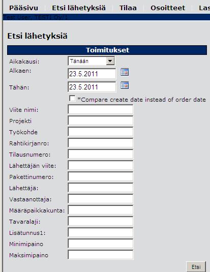 Uudenmaan Pikakuljetus Oy UPK 24/7 -OHJE 9(16) ETSI LÄHETYKSIÄ Täältä voit etsiä lähetyksiä mm. lähettäjän tai vastaanottajan nimen perusteella, kollinumerolla jne.