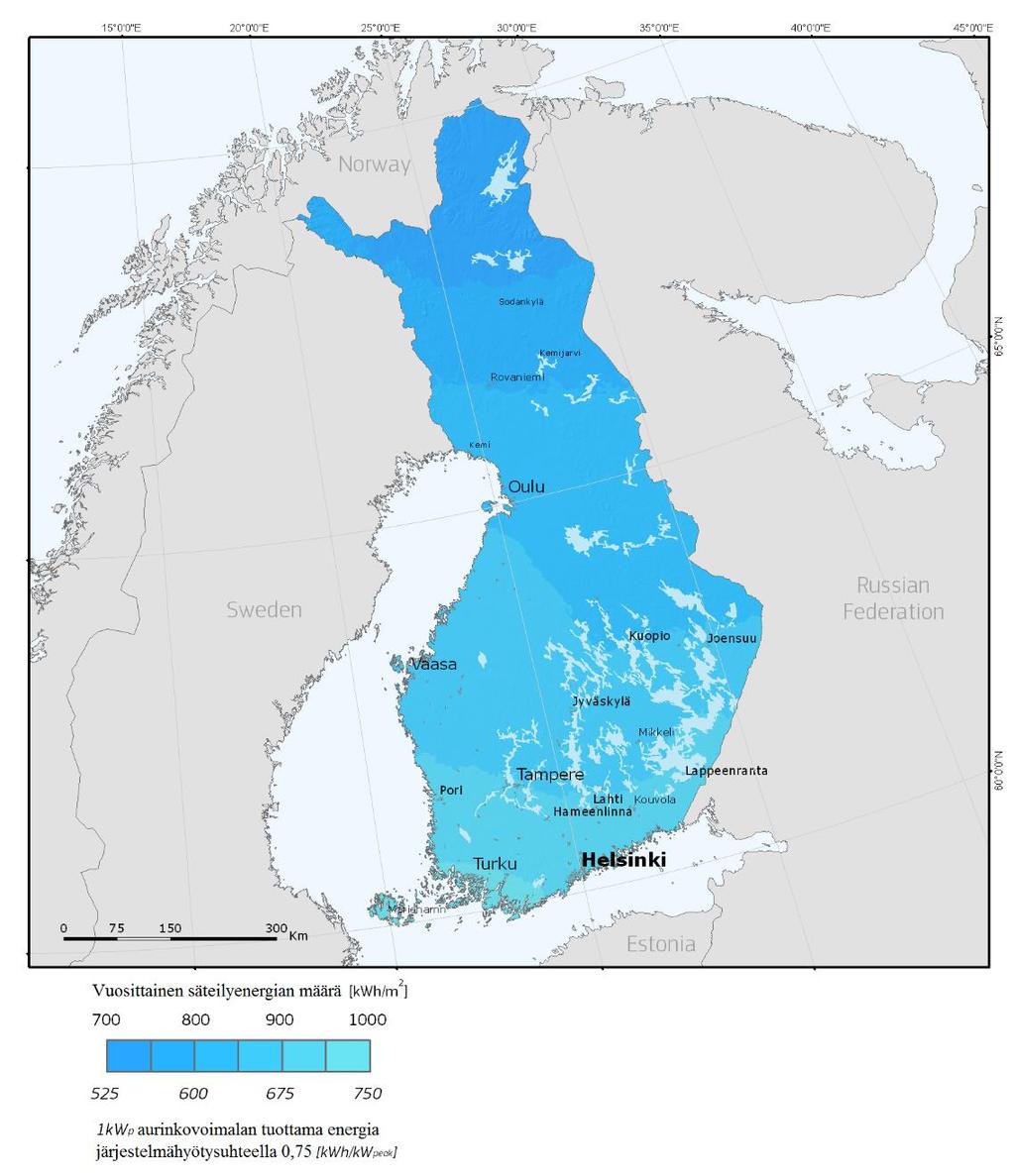 14 Kuva 3.5. Kokonaissäteilyn keskiarvo Suomessa vaakatasoon nähden (muokattu lähteestä [33]). Vaakasuoraan tasoon tuleva kokonaissäteily ei siis ole Suomessa kovinkaan voimakasta.